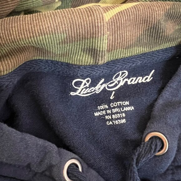 LUCKY BRAND Navy Blue and Camo Distressed Cotton Zip Up Hoodie Jacket Women's Si - Picture 7 of 7
